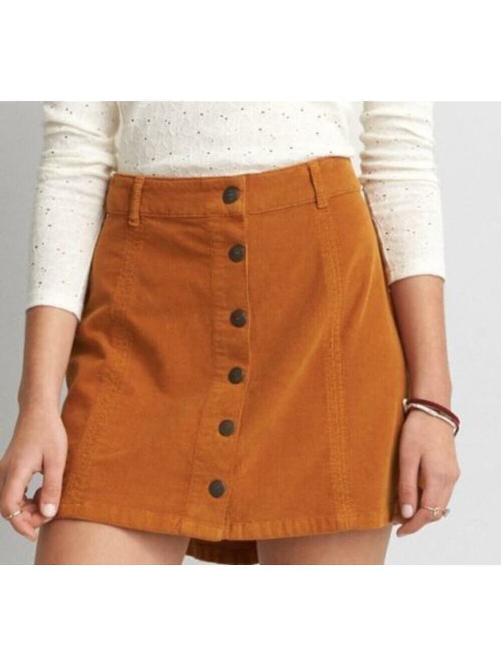 American Eagle A-Line Mini Skirt Mustard/Rust Corduroy Button Y2K Size 00